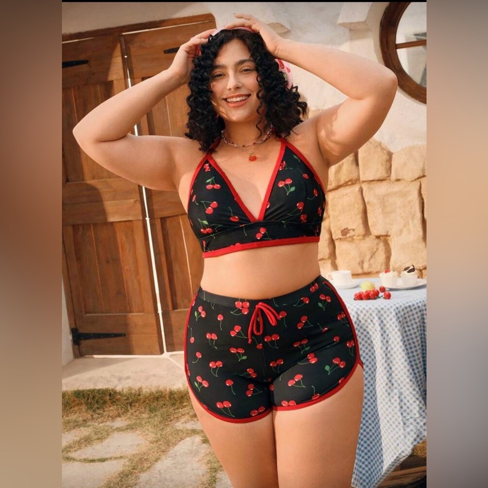 SHEIN Cherry Print Black and Red Women's bikini Set